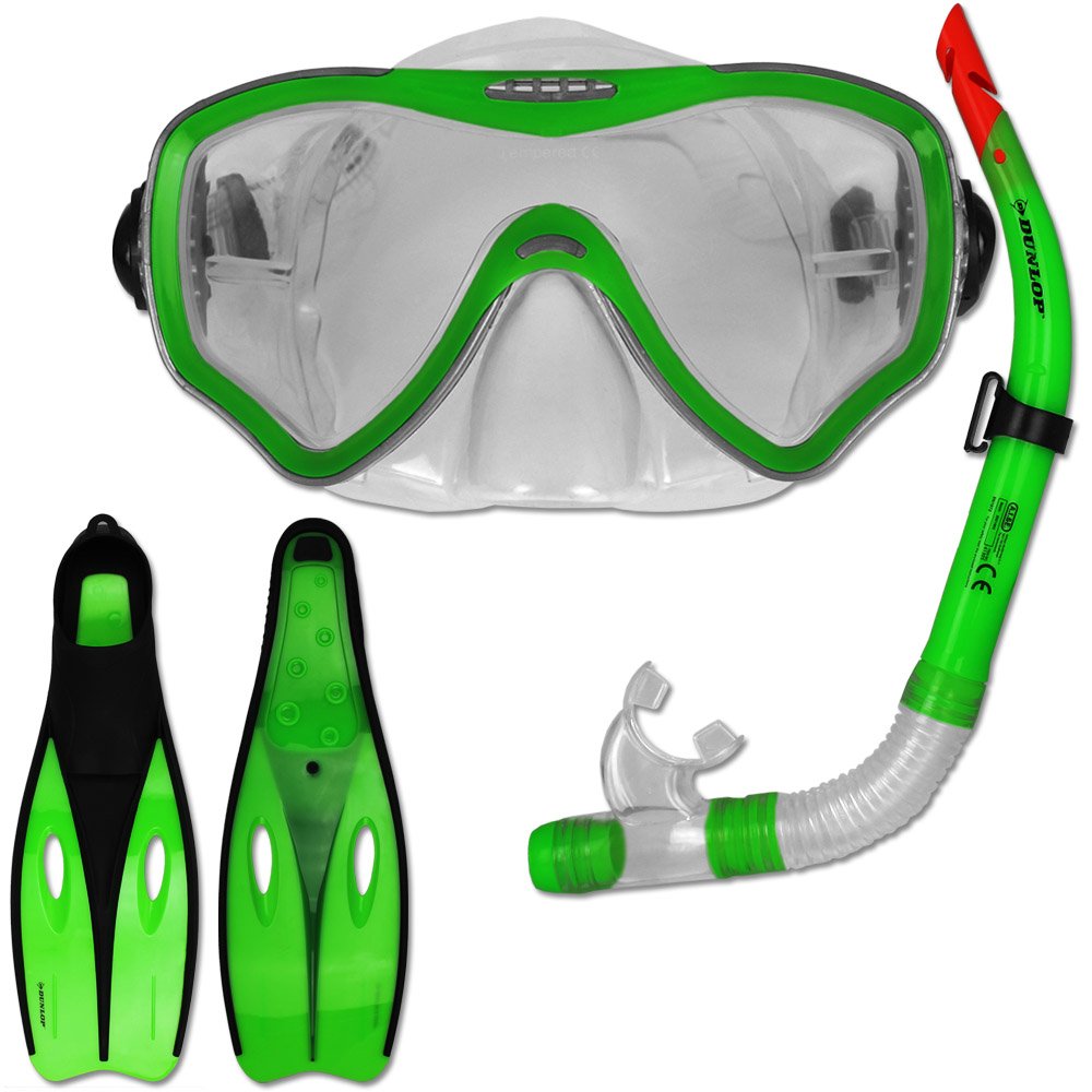 TW24 Tauchset Dunlop mit Farb- und Größenauswahl - Schnorchel Set - Tauchermaske - Schnorchel - Schwimmflossen (Grün, 40-42)