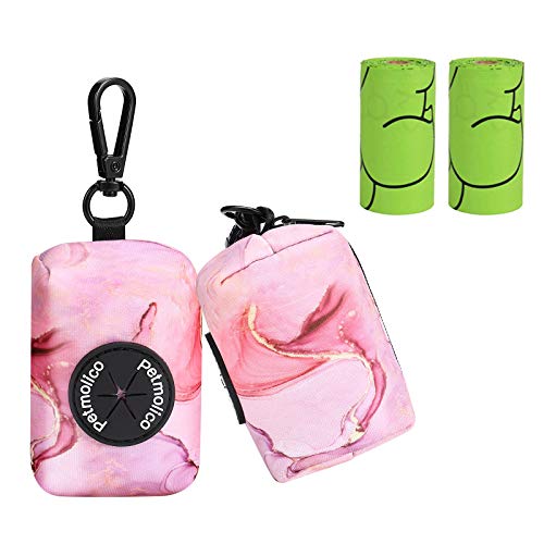 Petmolico Hundekotbeutelhalter mit Leinenbefestigung, Hundekotbeutelspender mit Reißverschluss, passend für jede Hundeleine, Kotbeutelspender – 2 Packungen, rosa Marmor
