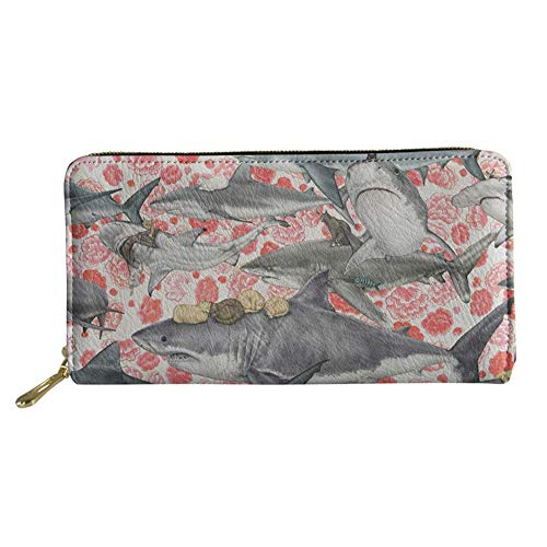 Lsjuee Megalodon Shark Cat Flower Animal Floral Long Wallet Mädchen PU-Leder-Geldbörse mit Reißverschluss Reisetasche Geschenk für Frauen