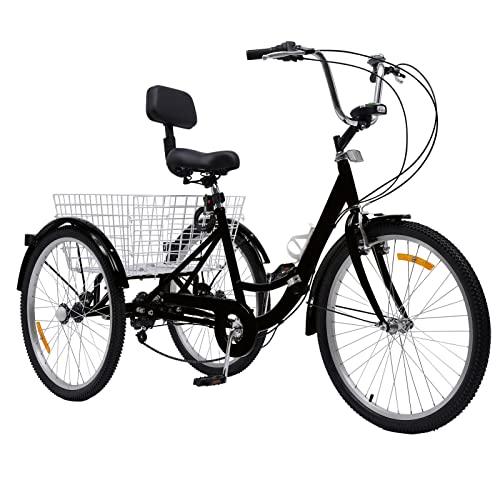 AOOUNGM Faltbares Dreirad für Erwachsene 24-Zoll-Dreirad, Sichere Fahrhöhe, Komfortabel Mit Getränkehalter Und Scheinwerfer für Senioren und,Schwarz