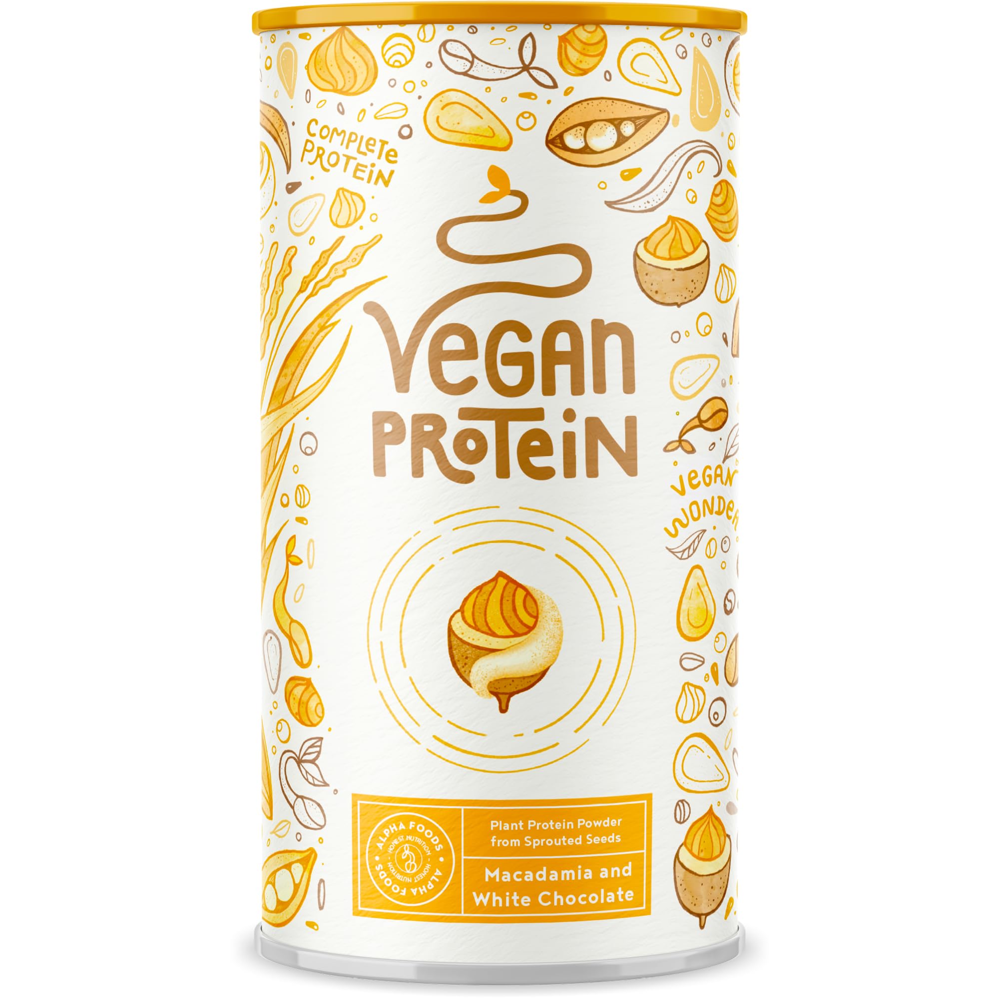 Vegan Protein - White Chocolate & Macadamia - Pflanzliches Proteinpulver aus gesprossten Reis, Erbsen, Sojabohnen, Leinsamen, Amaranth, Sonnenblumen- und Kürbiskernen - 600g Pulver