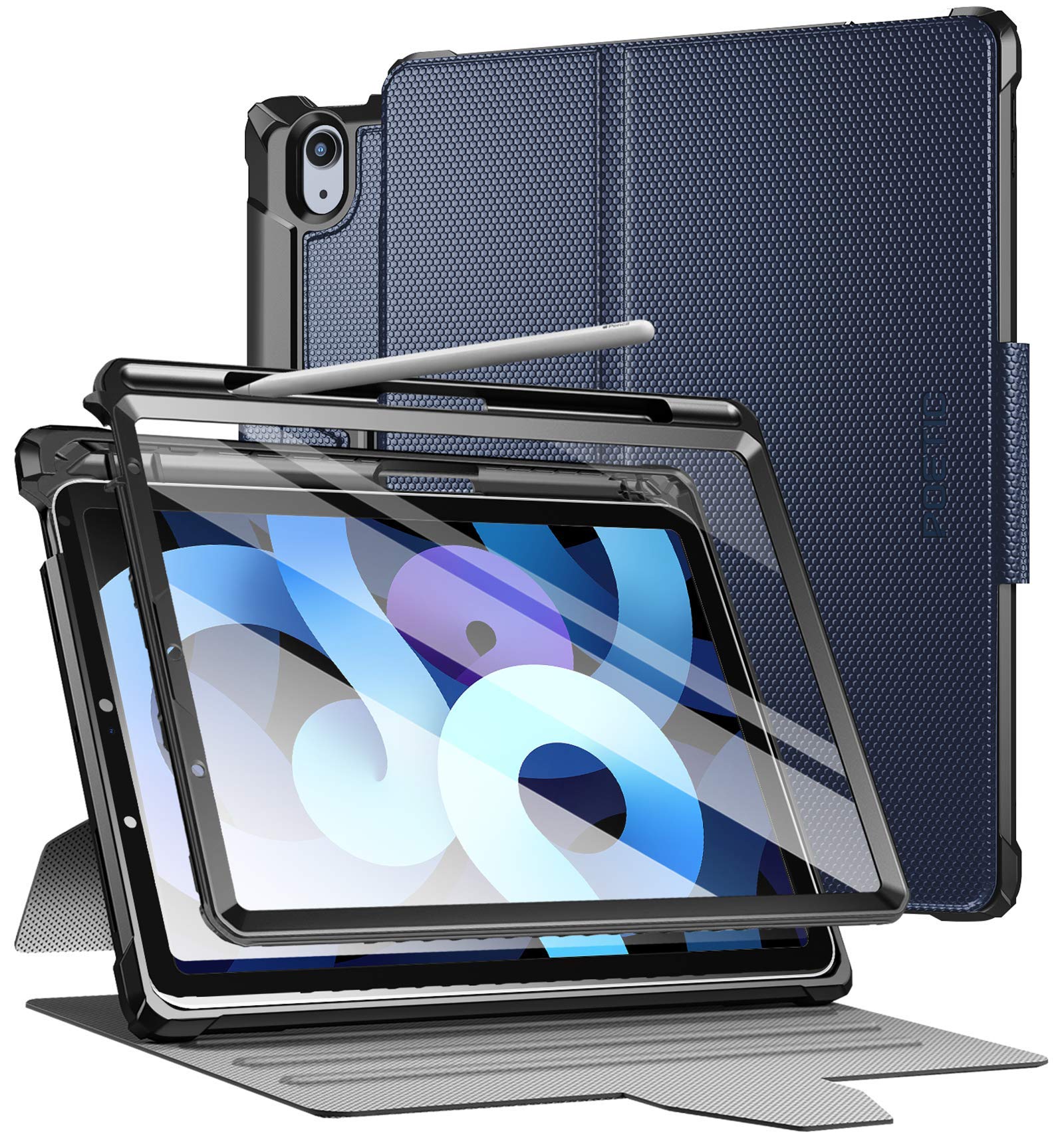 Poetic Explorer Schutzhülle für iPad Air 4 2020 10,9 Zoll, 3-lagig, robust, 360-Grad-Ständer, Folio-Hülle mit Stifthalter, Eingebauter Displayschutzfolie für iPad Air 4. Generation, Marineblau