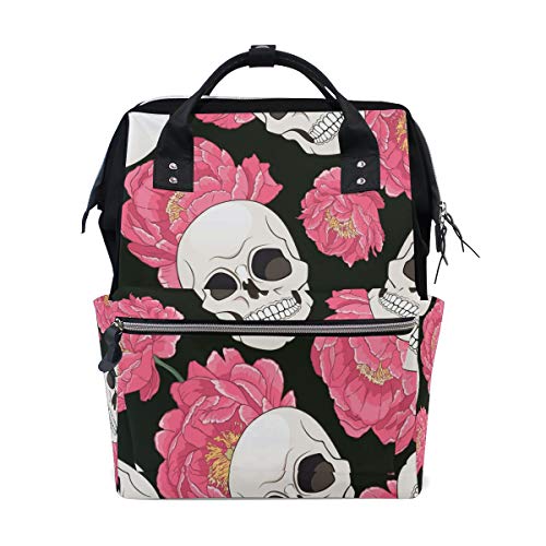 Bigjoke Wickelrucksack mit Totenkopf-Blumenmuster, multifunktional, große Kapazität, Wickeltasche, Reißverschluss, lässig, stylisch, Reiserucksack für Mama, Papa, Babypflege