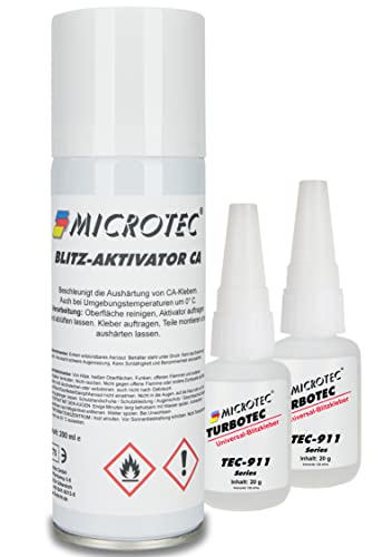 Microtec® Aktivator für Sekundenkleber und Turbotec Industriekleber | 200ml + 40g | die perfekte Kombination für schnelle und starke Verklebungen