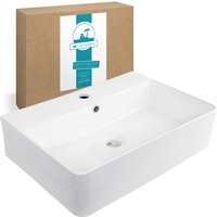 Calmwaters® Waschtisch in Weiß, Waschbecken mit Überlauf und Hahnloch, 60 x 42 cm, Als Hänge-Waschtisch oder Aufsatzwaschbecken, Sanitärkeramik, 05AB6163