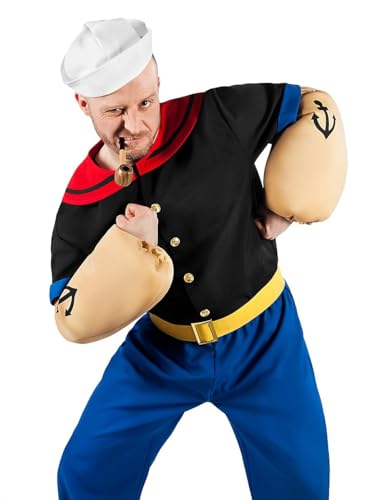 Popeye Comic Seemann Kostüm 6-teilig mit Hemd, Hose, Muskel-Armen und Matrosenmütze (L)