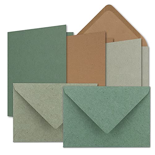 75x Karten-Set DIN B6 - Kraftpapier Braun - Kraftpapier Grau - Kraftpapier Eukalyptus - Faltkarten mit Umschläge - 3 Farben - 12 x 17 cm & Umschläge - 12,5 x 17,5 cm