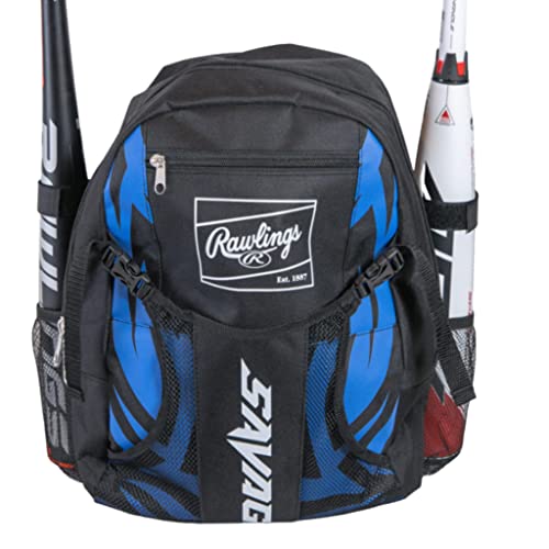 Rawlings Youth Savage Baseballschlägertasche - Batpack mit externem Helmhalter für Baseball, T-Ball & Softballausrüstung & Ausrüstung für Jugendliche und Erwachsene | Schwarz/Königsblau