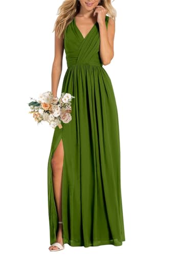 Damen V-Ausschnitt Brautjungfernkleider für Hochzeit Split A Linie Lange Formelle Kleider mit Taschen, olivgrün, 40