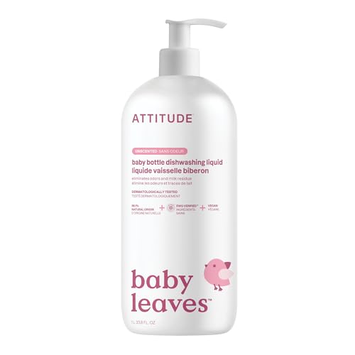 ATTITUDE Baby Dish Soap, Plant-based Dish Liquid Extra Gentle on Sensitive Skin & Tough on Milk Residue & Grease on Bottles, Fragrance Free, 1 Liter (Packaging May Vary)
