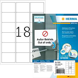 Herma Adressetiketten Special Nr. 10302, 63,5 x 46,6 mm, selbstklebend, ablösbar, bedruckbar, weiß, 1800 Stück auf 100 Blatt