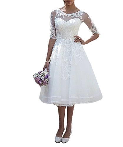Carnivalprom Damen Spitze Hochzeitskleid Brautkleid mit Ärmeln Sheer Rundhals Abendkleider (42, Weiß)