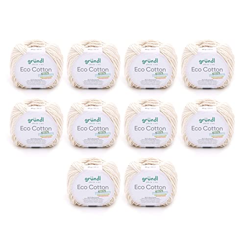 Gründl Wolle Eco Cotton (Garn aus 100% Bio-Baumwolle, OEKO-TEX® zertifiziert, pflegeleicht & waschbar, 50 g / 105 m, Nadelstärke: 3,50 – 4,50 mm, 10 x 50 g), naturweiß