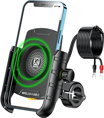 Motorrad Handyhalterung mit Qi 15W kabellosem Ladegerät und USB-C 20W Ladeanschluss, BRCOVAN 360 Drehung Outdoor Lenker Handy Halterung für 4-8 Zoll Smartphone, IP66 Wasserdicht