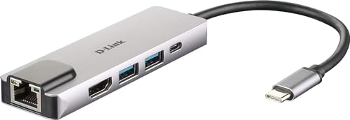 D-Link DUB-M520 USB Typ C Hub 5 in 1 USB C Adapter mit HDMI 4K und 1080p, 2X USB3.0/USB2.0, 1x USB C Ladeanschluss bis zu 60W und Daten