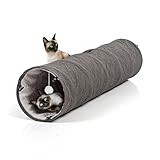 CanadianCat Company | XXL Spieltunnel für Katzen mit Kuschelfell | grau | ca. 35 x 150 cm - Variable Form, integriertes Katzenspielzeug