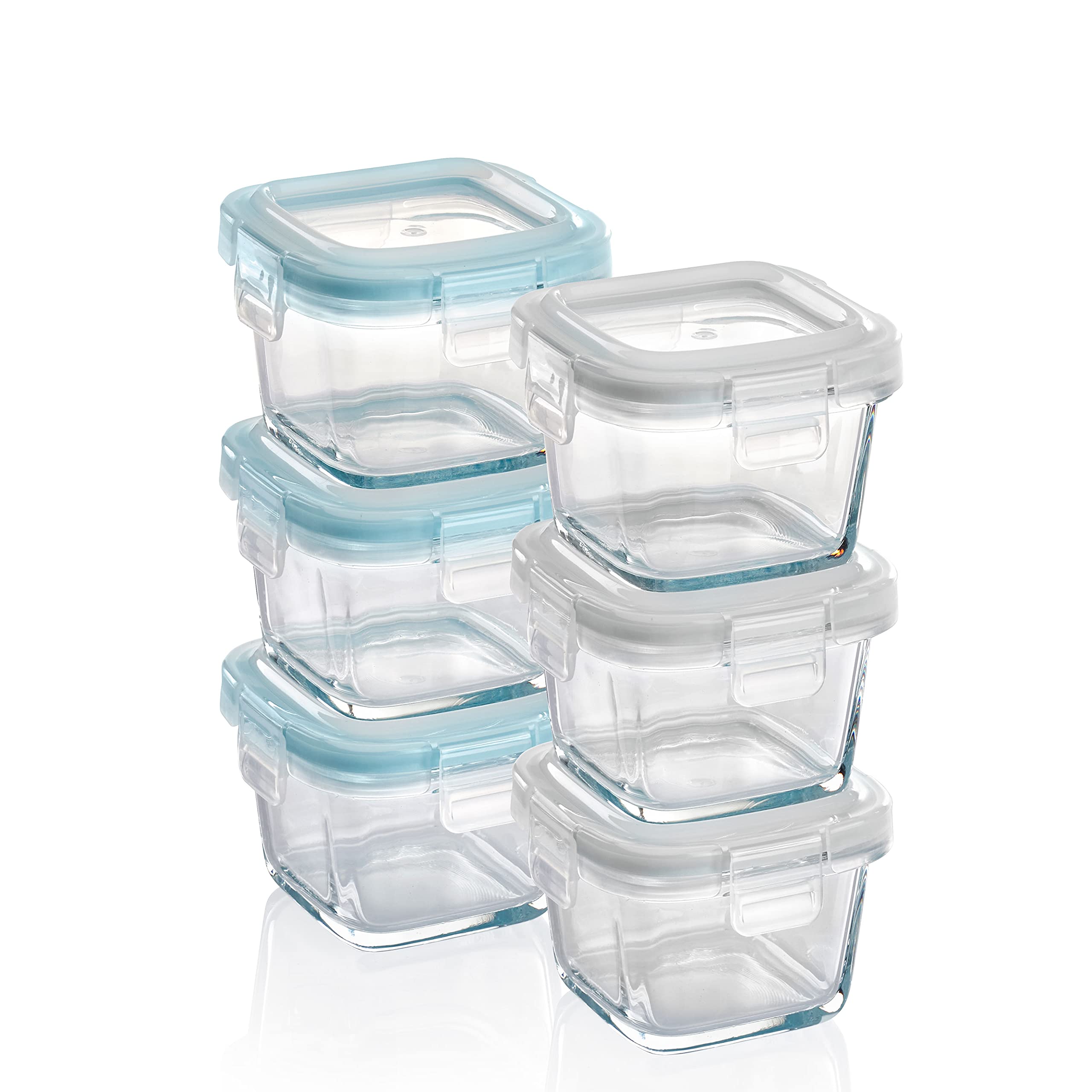 Grizzly Mini Glas Frischhaltedosen, Set 6X 160 ml, luftdicht, quadratisch, Click-Verschluss, Idealer Behälter für Babybrei, Beikost und Dips
