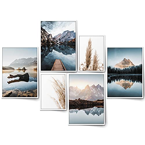 BLCKART Paradise Mountain Bilder Set Stilvolle Beidseitige Berge Bilderwand Natur Landschaft Wohnzimmer Deko Poster (M | 4x A4 | 2x A5 | Holzrahmen (weiß), Paradise Mountain)