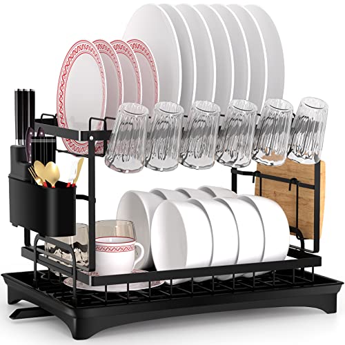 Comius Sharp Abtropfgestell Geschirr, 2-stufiges Geschirrabtropfgestell Edelstahl, mit Besteckhalter, Tassenhalter, Schneidebretthalter und Abtropfbrett, Geschirrabtropfkorb für Küchenarbeitsplatte