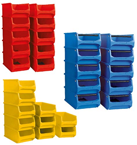 30-teiliges Sichtstapelkästen-Set, Industriequalität, 3 Größen, 10x LB5 gelb, 10x LB4 rot, 10x LB3T blau