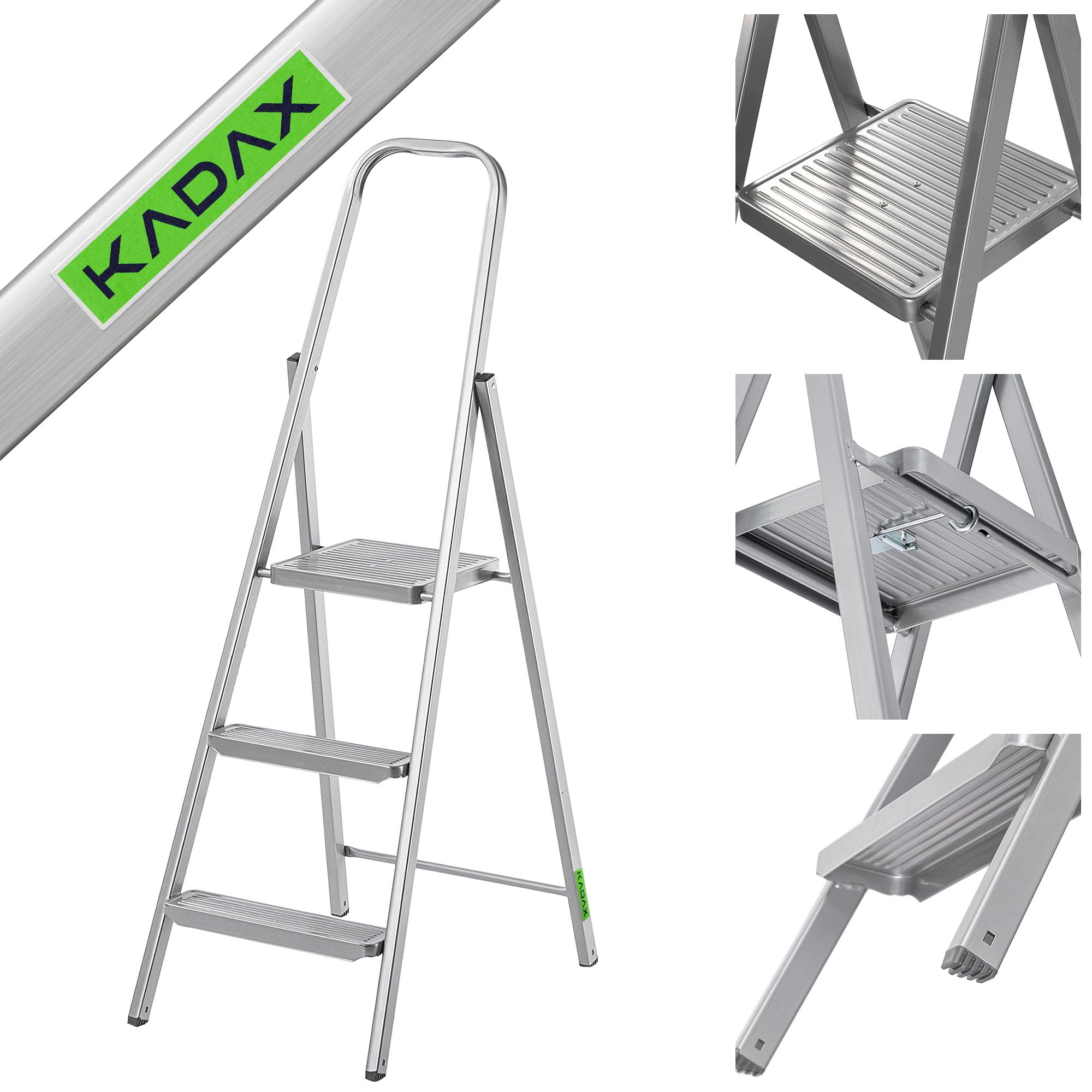 KADAX Einseitige Stahlleiter mit Antirutsch-Füßen, Stufenleiter, Leiter mit Ablage, Trittleiter, Klappleiter, Haushaltsleiter mit Breiten Stufen (3 Stufen)