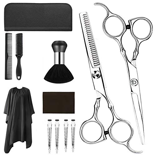 Xinapy 12pcs Hair Scissors Set,Stainless Steel Professional Barber Hairdressing Scissors Kit,Thinning Shears,Cutting Scissors,Cape,Clips,Hair Razor Comb