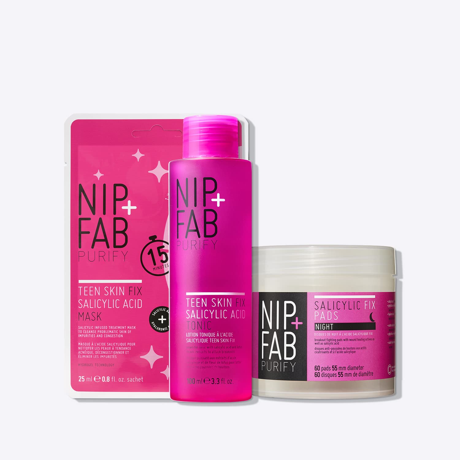 Nip + Fab Salicylsäure Bundle | Salicylsäure Fix Kit BHA | Reinigen, Reinigen, Befeuchten, Pflegen | Salicylic Tonic, Salicylic Pads, Salicylic Sheet Mask