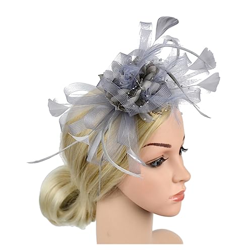 Fascinator-Hut, Feder-Blumen-Kopfschmuck, Braut-Kopfbedeckung, Netz-Zylinder, Jockey-Club-Haarschmuck, Stirnband und Haarnadel (Color : Gray, Size : 1)