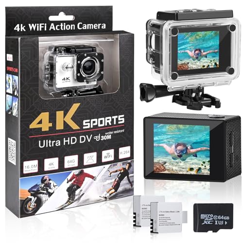Comius Sharp Action Cam 4K/30FPS WiFi Unterwasser Kamera Unterwasser 131 Fuß 2 * 1350mAh Akku und Multifunktionszubehörpaket (weiß)