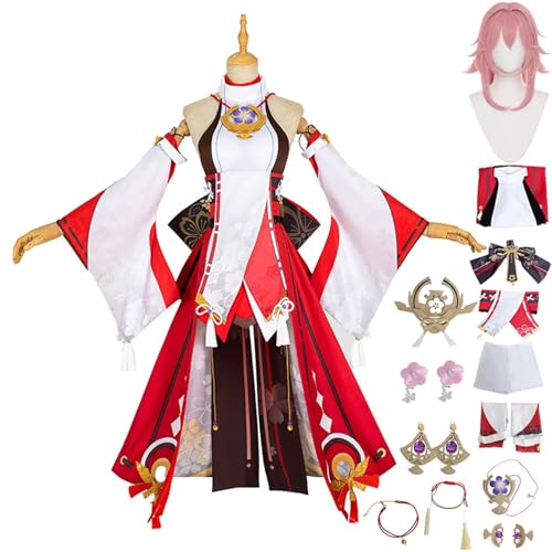 DJFOG Frauen Yae Miko Cosplay Kostüm Outfit mit Perücke Hut Spiel Charaktere Genshin Impact Uniform Kleid Full Set Halloween Party Kostüm,Rot,L