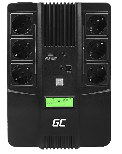 Green Cell® UPS USV Unterbrechungsfreie Stromversorgung 800VA (480W) mit Überspannungsschutz 230V Line-Interactive Spannungsregelung AVR USV-Anlage USB/RJ45 6X Schuko Ausgänge LCD Bildschirm