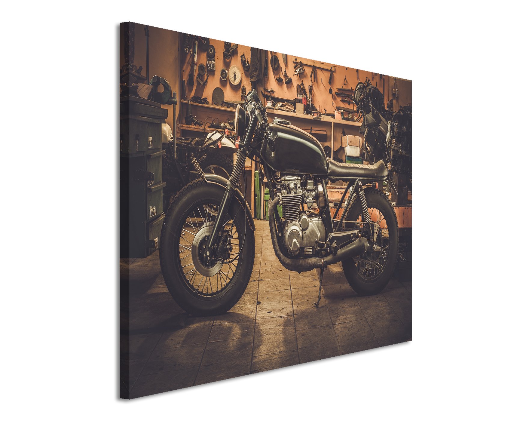 Unique Fotoleinwand 120x80cm Kunstbilder – Vintage Motorrad in der Garage