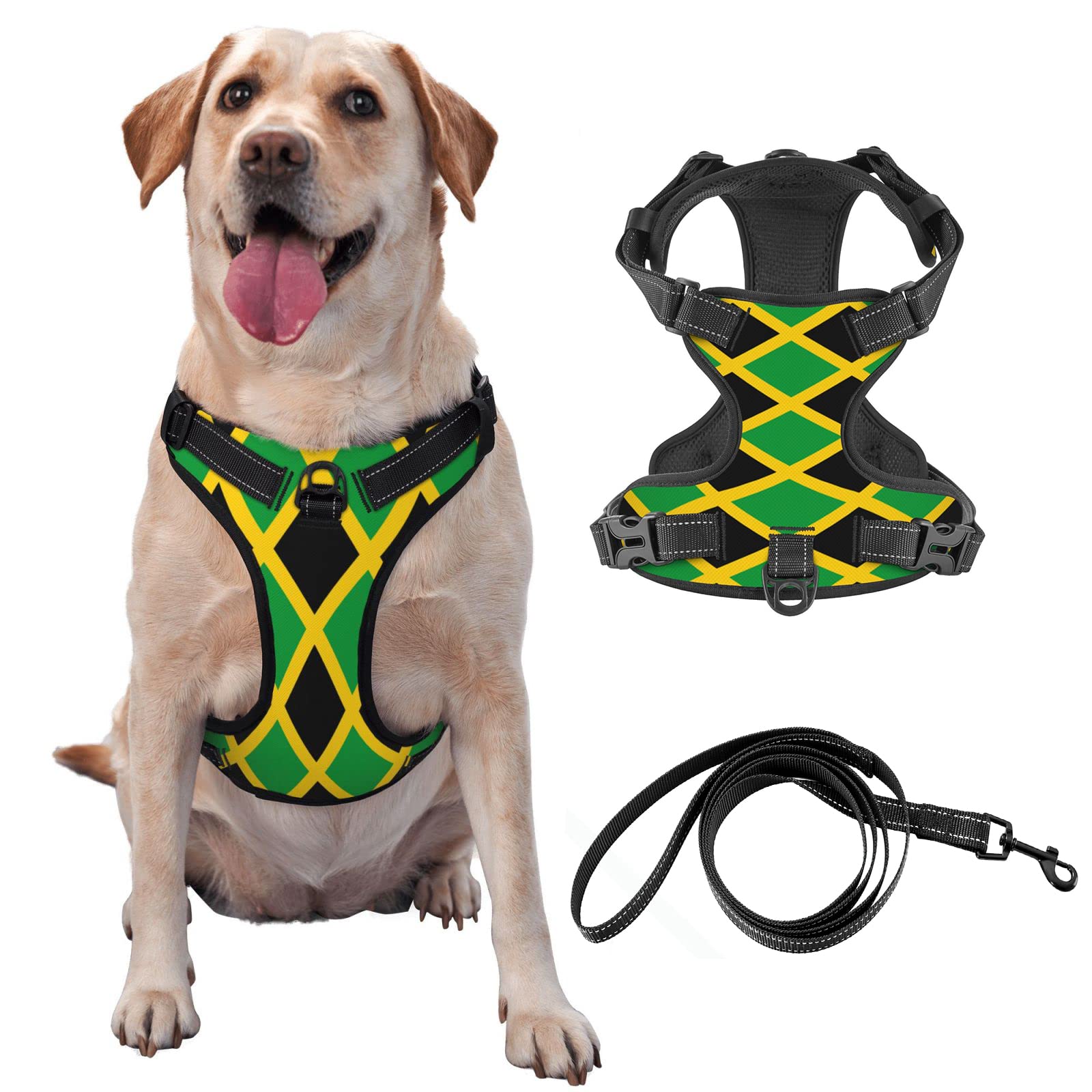 Hundegeschirr mit Jamaika-Flagge, kein Ziehen, reflektierendes und verstellbares Outdoor-Haustier-Oxford-Weste, mit Easy-On-Off-Technologie, für Training, Spazierengehen, kein Würgen.