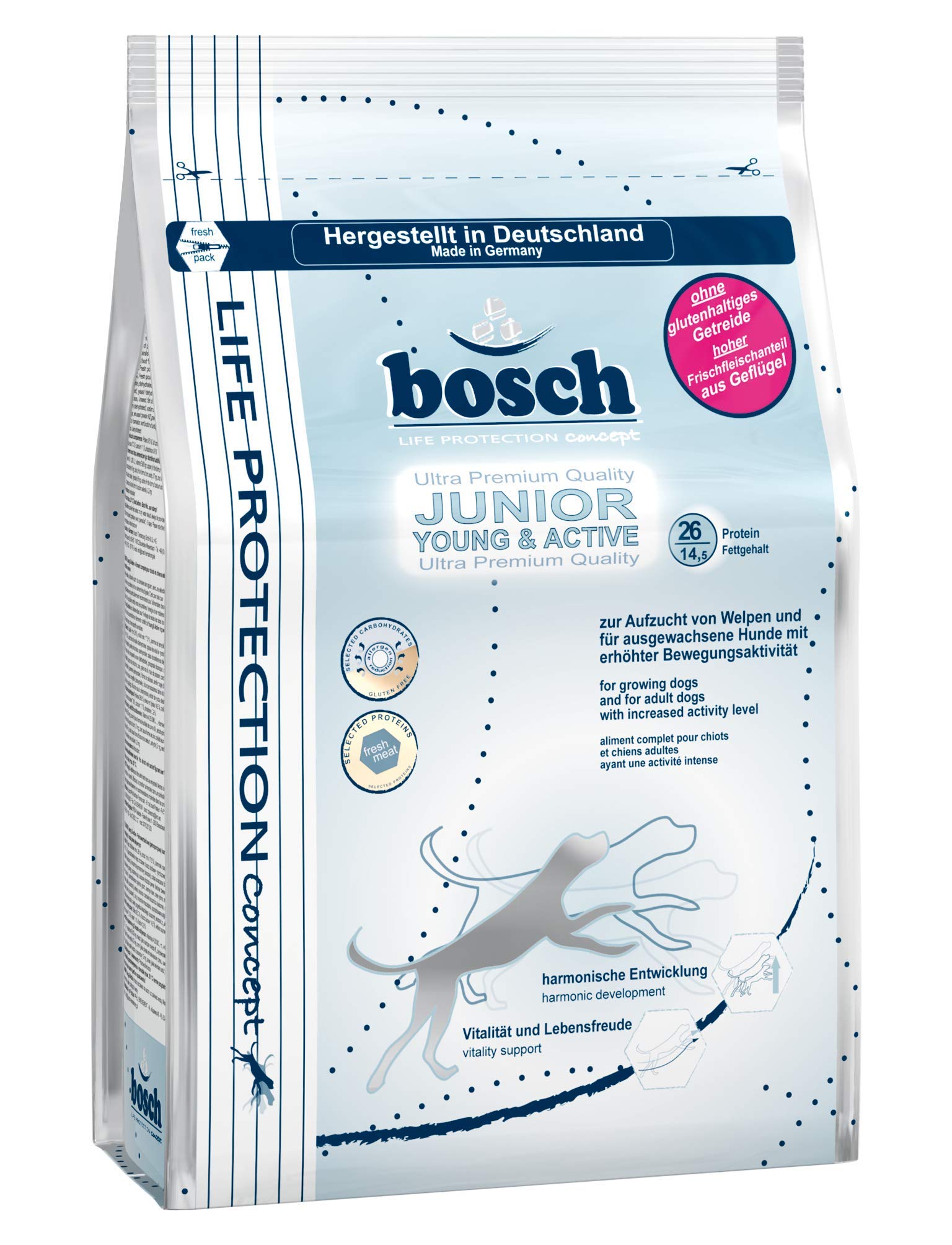 bosch Life Protection Concept | Junior Young & Active | Hundetrockenfutter für Welpen und ausgewachsene Hunde mit erhöhter Bewegungsaktivität | 1 x 12.5 kg