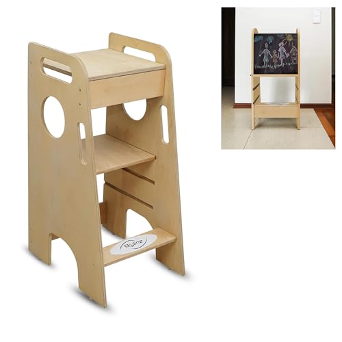 Stepup Baby Montessori Lernturm Kleinkind Trittstufe mit Verstellbarer Höhe Sicherheitsschiene und Tafel Tisch Hochstuhl (Natürlich)