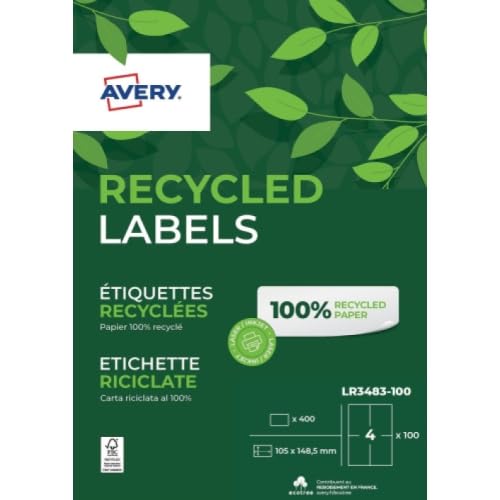 AVERY - Beutel mit 400 Etiketten aus 100% recyceltem Recyclingpapier, selbstklebend, personalisierbar, bedruckbar, Format 105 x 148,5 mm, Laser- und Tintenstrahldrucker, (LR3483-100)