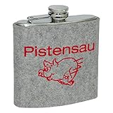 ebos Edelstahl Flachmann, 180ml - Motiv Pistensau ✓ Schraubverschluss ✓ Filzhülle ✓ Robust | Taschenflachmann in silber für Schnaps | edle Taschenflasche mit Hülle aus 100% Woll-Filz (hellgrau)