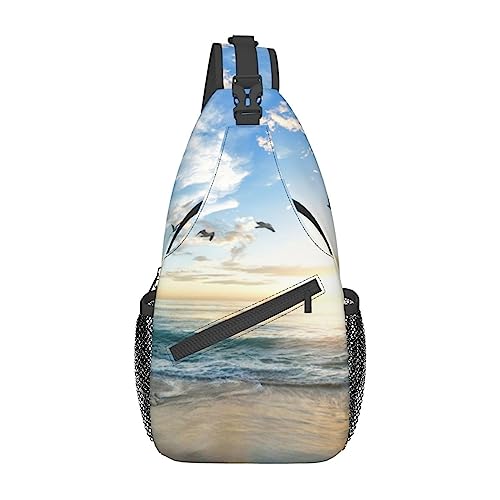 The Beach with Sea Birds Print Sling Backpack, leichte faltbare Crossbody-Tasche | wasserabweisender Schulterrucksack für den täglichen Gebrauch, Schwarz , Einheitsgröße
