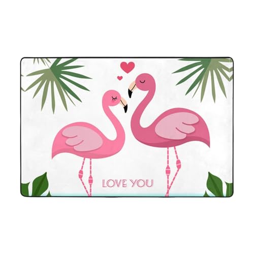 MELPHI Palmblatt- und Flamingo-Paar-bedruckte Flanell-Bodenmatte für Schlafzimmer und Wohnzimmer, geeignet für Heimdekoration