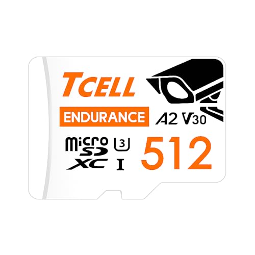 TCELL High Endurance 512 GB microSDXC-Speicherkarte mit Adapter, A2, UHS-I U3, V30, 4K, Micro-SD-Karte, Lesen/Schreiben bis zu 100/80 MB/s, Full HD Microsd für Dashcams,