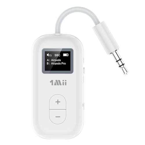 1Mii SafeFly Dual Bluetooth 5.3-Sender mit OLED-Display für bis zu 2 kabellose AirPods-Ohrhörer, mit aptX HD/AD/LL, mit 3,5-mm-Audiobuchse im Flugzeug/Fitnessstudio/TV/iPad/Tablets