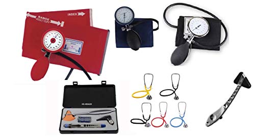 Kombi-set Stethoskop, Reflexhammer, Palm-Blutdruckmessgerät, Penlight und Otoskop (rot)