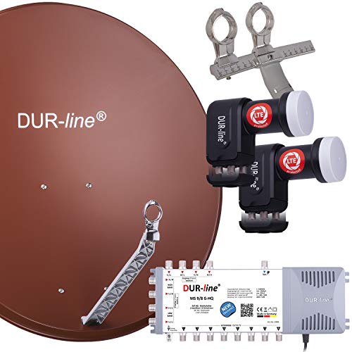 DUR-line 8 TN/2 Satelliten Set - Qualitäts-Alu-Satelliten-Komplettanlage - Select 85cm/90cm Spiegel/Schüssel Rot + Multischalter + 2xLNB - für 8 Receiver/TV [Neuste Technik, DVB-S2, 4K, 3D]