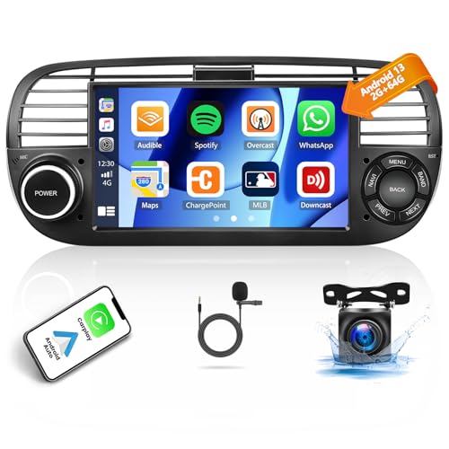 Android Autoradio für Fiat 500 2007-2015 mit CarPlay Wireless Android Auto, 7 Zoll Touchscreen Autoradio mit Mirrorlink GPS-Navi/WiFi, Bluetooth, SWC,FM/RDS, EQ Radio +Rückfahrkamera & MIC