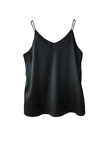 Wantschun Damen Satin Silk Weste Bluse Tank Tops Shirt Cami Spaghetti Träger Camisole Vest V-Ausschnitt Basic - Schwarz ; 2X