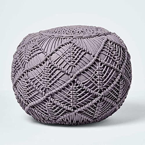 HOMESCPES Häkel-Pouf, grau, rundes Bodenkissen 35 x 40 cm in Boho Style, dekorativer Fußhocker in Makramee-Optik, gehäkelter Puff aus 100% Baumwolle, Häkelpuff/Strickhocker