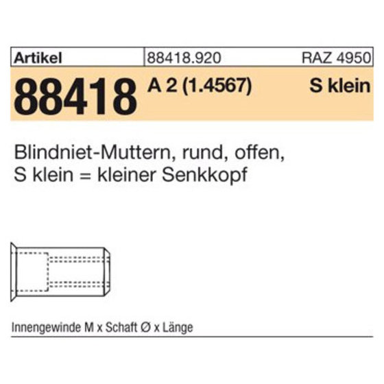 Blindniet-Muttern A2 Senkkopf klein M 4 / 0,25 - 3,0 S