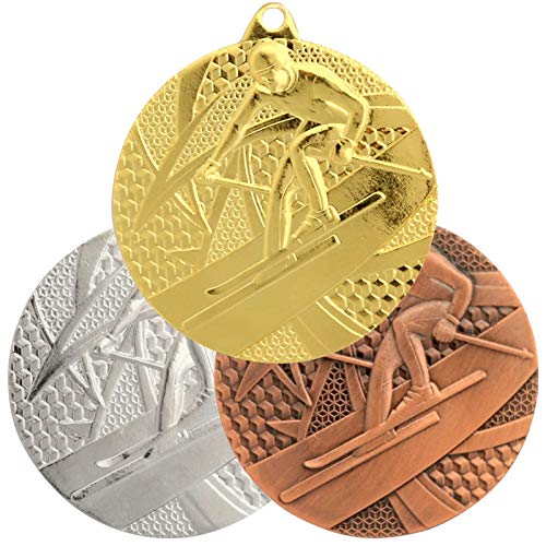 pokalspezialist 10 Stück Medaillenset Wintersport Ski je 1 x Gold, Silber, Bronze aus Stahl MMC3950