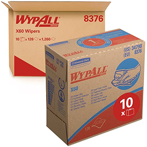 WypAll Wischtücher, X60, Industrielle Reinigungstücher, Hydroknit-Technologie, 1-lagig, 1 Zupfboxen x 126 Tücher, Weiß, 8376