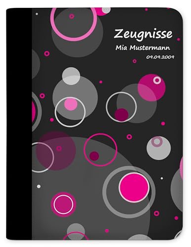 CreaDesign, Z-O-1039-36 Kinder Zeugnismappe mit Namen personalisiert, Motiv Kreise Pink, A4, 24 x 31 x 1 cm, Rücken schwarz